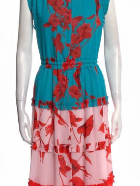 Ted Baker Ruffled Silk Floral Midi Dress Blue & Pink Like New SZ L